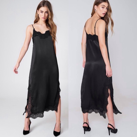 black lace midi slip dress